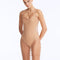 Front View: Model Wearing Flora Bronze Swimsuit - Scoop Neck, Handmade Macrame, Chic Style, Lightly Lined, MOEVA Luxury Swimwear