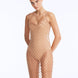 Front View: Model Wearing Flora Bronze Swimsuit - Scoop Neck, Handmade Macrame, Chic Style, Lightly Lined, MOEVA Luxury Swimwear