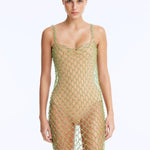 Front View: Model in Flora Green Swimsuit - Chic Scoop Neck, Handmade Macrame, Lightly Lined, MOEVA Luxury Swimwear