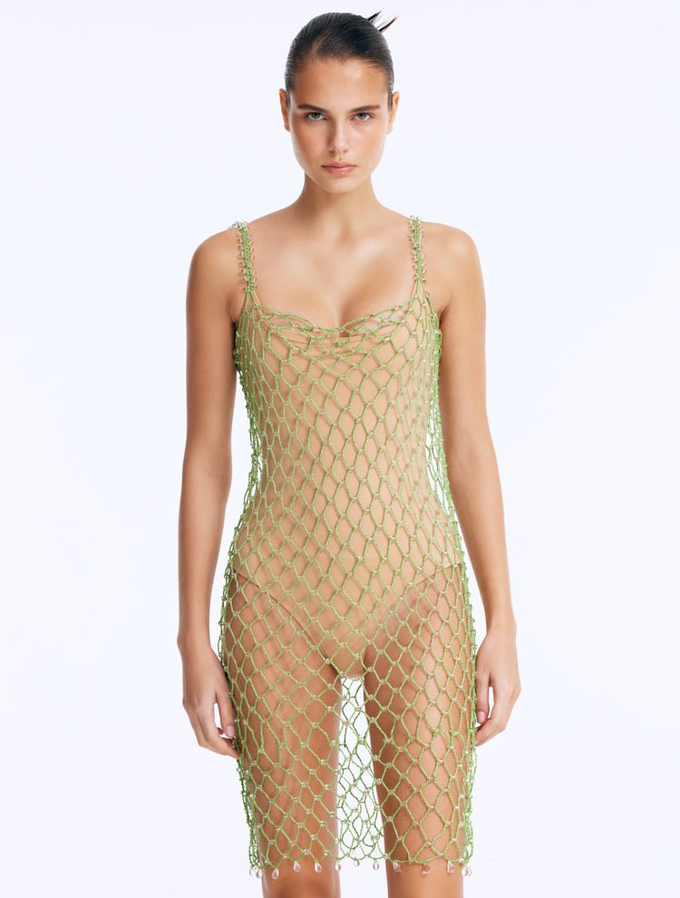 Front View: Model in Flora Green Swimsuit - Chic Scoop Neck, Handmade Macrame, Lightly Lined, MOEVA Luxury Swimwear