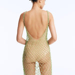 Back View: Flora Green Swimsuit on Model - Low Back, Clear Glass Beaded Mini Macrame Dress, Fully Lined, MOEVA Luxury Swimwear