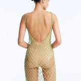 Back View: Flora Green Swimsuit on Model - Low Back, Clear Glass Beaded Mini Macrame Dress, Fully Lined, MOEVA Luxury Swimwear