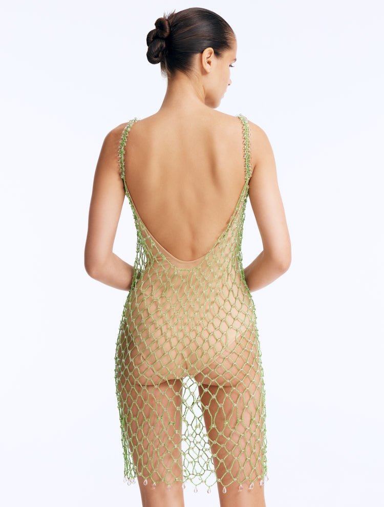 Back View: Flora Green Swimsuit on Model - Low Back, Clear Glass Beaded Mini Macrame Dress, Fully Lined, MOEVA Luxury Swimwear