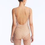 Back View: Flora Silver Swimsuit on Model - Low Back, Clear Glass Beaded Mini Macrame Dress, Nude Swimsuit Inside, Fully Lined, MOEVA Luxury Swimwear