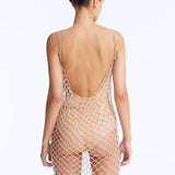 Back View: Flora Silver Swimsuit on Model - Low Back, Clear Glass Beaded Mini Macrame Dress, Nude Swimsuit Inside, Fully Lined, MOEVA Luxury Swimwear