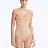 Front View: Model Wearing Flora Silver Swimsuit - Scoop Neck, Handmade Macrame, Chic Style, Lightly Lined, MOEVA Luxury Swimwear