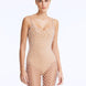 Front View: Model Wearing Flora Silver Swimsuit - Scoop Neck, Handmade Macrame, Chic Style, Lightly Lined, MOEVA Luxury Swimwear