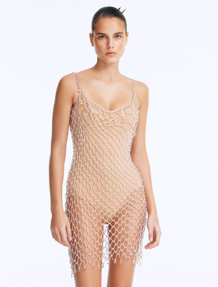 Flora Silver Scoop Neck Swimsuit With Clear Glass Beaded Macrame Dress -Swimsuit Moeva