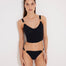 Front View: Model in Franca Black Bikini Bottom - MOEVA Luxury Swimwear, Low-Waist, Gold Rectangle Accessory, Moderate Bottom Coverage, MOEVA Luxury Swimwear  