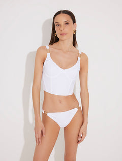 Franca White Low Waist Bikini Bottom With Rectangle Accessory -Bikini Bottom Moeva
