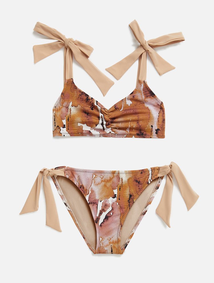 Front View: Gioia Floral Abstract Kids Bikini - MOEVA Luxury Swimwear, Contrast Colors, Ruched Details at Front, Self-Tie Straps, MOEVA Luxury Swimwear