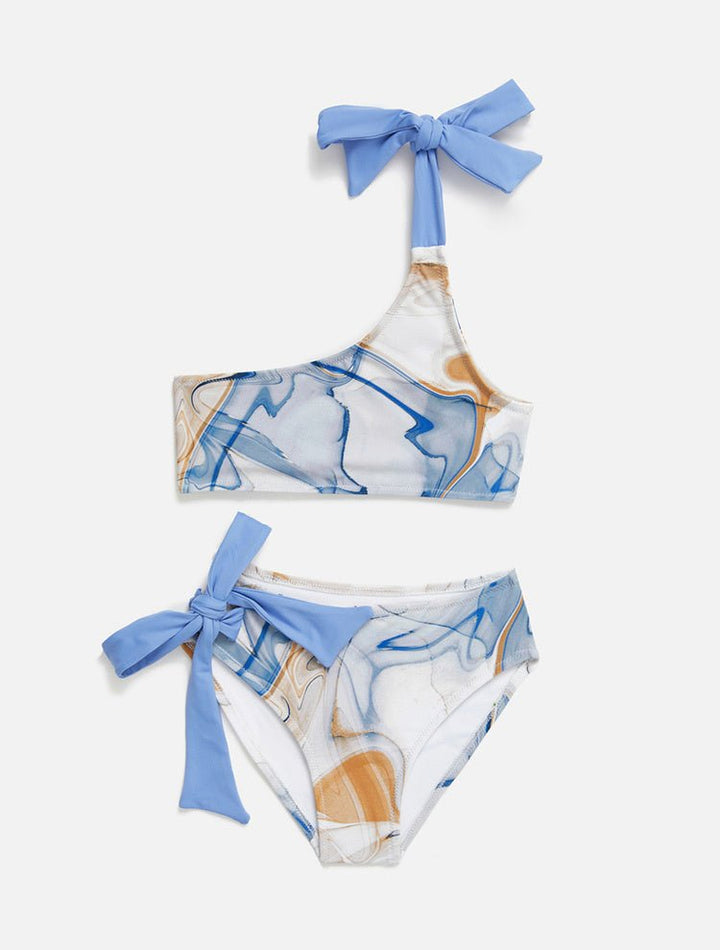 Front View: Giulia Blue Abstract Kids Bikini - MOEVA Luxury Swimwear, Contrast Colors, Ruched Details at Front, Self-Tie Straps, MOEVA Luxury Swimwear