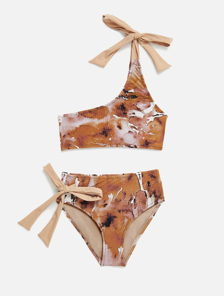 Front View: Giulia Floral Abstract Kids Bikini - MOEVA Luxury Swimwear, Contrast Colors, Ruched Details at Front, Self-Tie Straps, MOEVA Luxury Swimwear