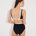 Back View: Model in Greca Black/White Bikini Top - MOEVA Luxury Swimwear,Gold Clasps at the Back, Italian Fabric, Special Lycra Xtralife Certificate, Fully Lined, MOEVA Luxury Swimwear  