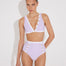 "Front view of Greca lilac/white high-waisted bikini bottom featuring stylish gold buttons."