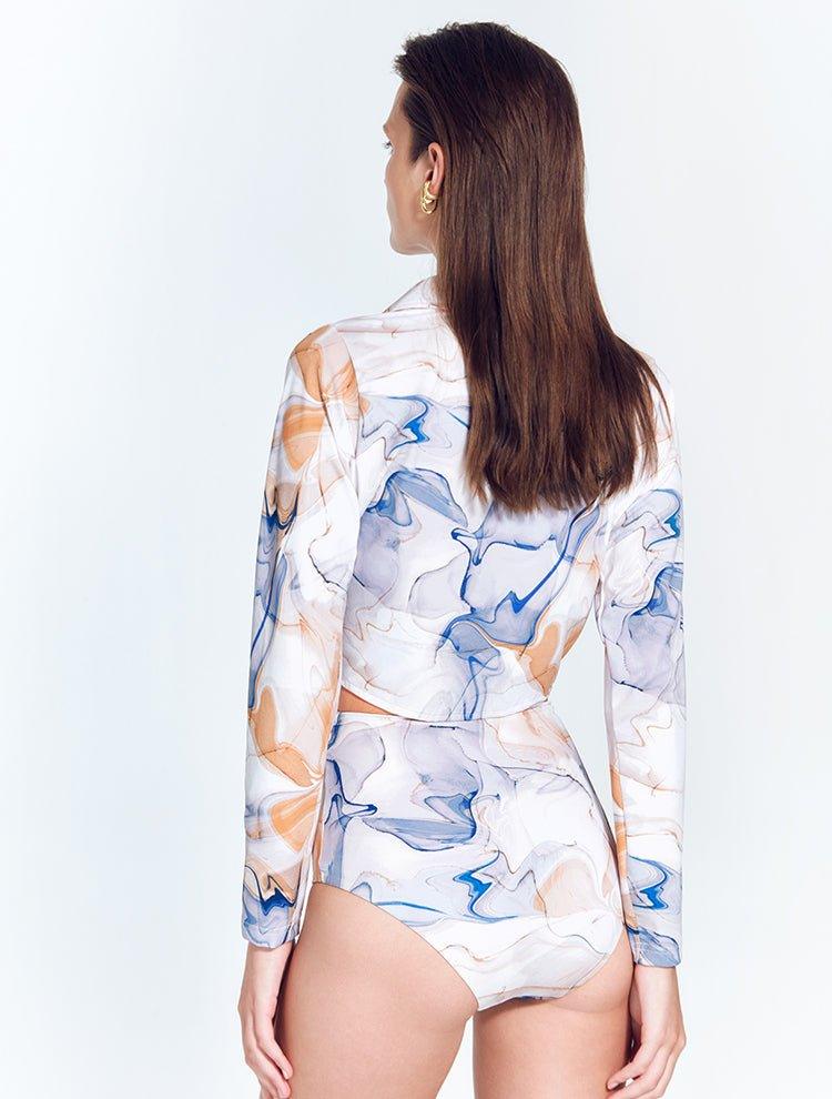 "Back view of the Greta Blue Abstract Shirt on a model, illustrating its relaxed and comfortable fit."