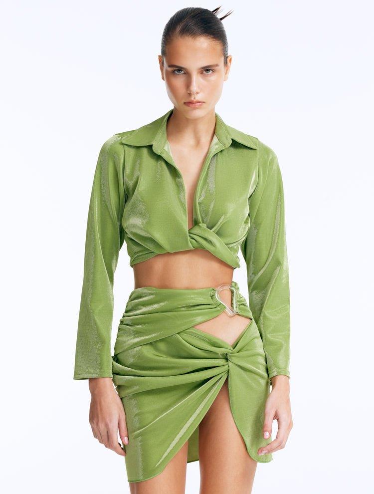 Front View: Model wearing Greta Green Shirt - Cropped Silhouette, Tie at the Front, Metallic Fabric, Comfortable Beachwear Shirt, MOEVA Luxury Beachwear