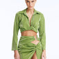 Front View: Model wearing Greta Green Shirt - Cropped Silhouette, Tie at the Front, Metallic Fabric, Comfortable Beachwear Shirt, MOEVA Luxury Beachwear