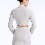 Back View: Greta Silver Shirt on Model - Long-Sleeved Blouse, Made of Swimwear Fabric, Chic and Stylish Beachwear, MOEVA Luxury Beachwear