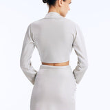 Back View: Greta Silver Shirt on Model - Long-Sleeved Blouse, Made of Swimwear Fabric, Chic and Stylish Beachwear, MOEVA Luxury Beachwear