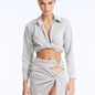 Front View: Model wearing Greta Silver Shirt - Cropped Silhouette, Tie at the Front, Metallic Fabric, Comfortable Beachwear Shirt, MOEVA Luxury Beachwear