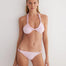 "Front View: Gunnel Pink U-Front Bikini Top featuring ABS chain straps and ruched front detail, with a U-Front neckline."