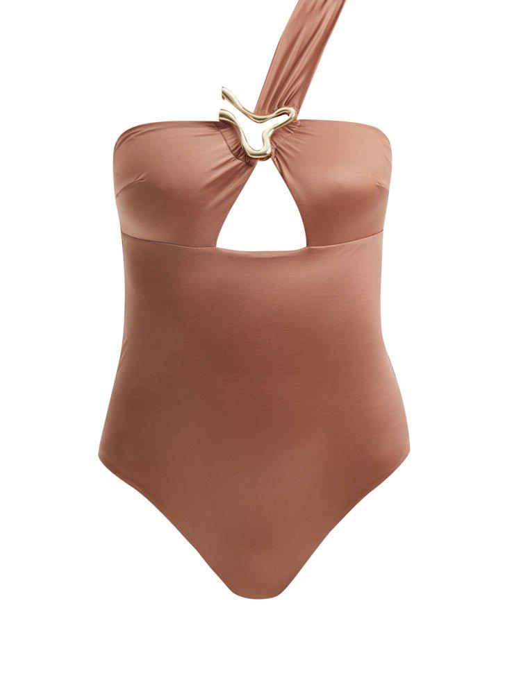 Decoupage image of the Halin Brown Swimsuit, illustrating its refined design, superior Italian craftsmanship, and premium fabric.