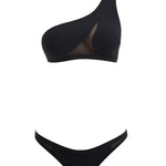 Decoupage view of Harbor Black Bikini Set, detailing the intricate mesh insets and luxurious craftsmanship.