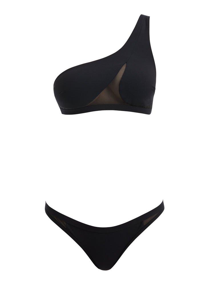 Decoupage view of Harbor Black Bikini Set, detailing the intricate mesh insets and luxurious craftsmanship.