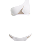 Decoupage view of Harbor White Bikini Set, detailing the intricate mesh insets and luxurious craftsmanship.