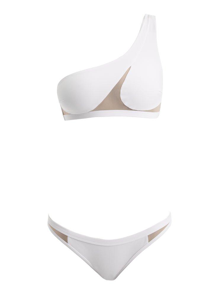 Decoupage view of Harbor White Bikini Set, detailing the intricate mesh insets and luxurious craftsmanship.