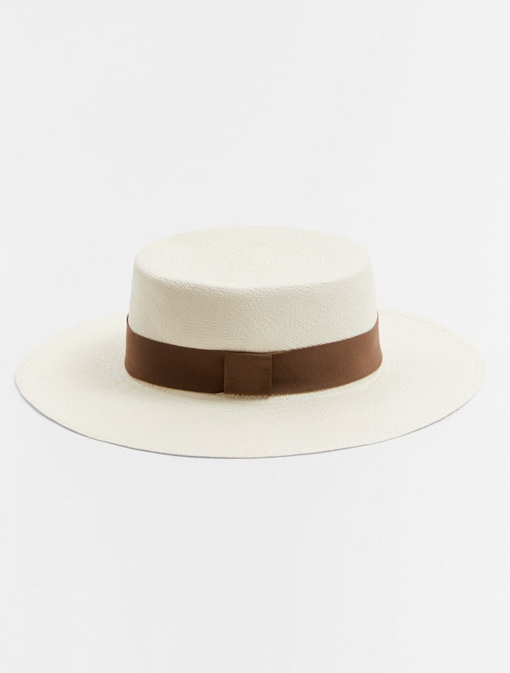 Harlow Nude Tan Straw Hat With White Grosgrain-Trim -Women Hats Moeva