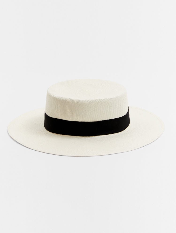 Harlow White Tan Straw Hat With Black Grosgrain-Trim -Women Hats Moeva