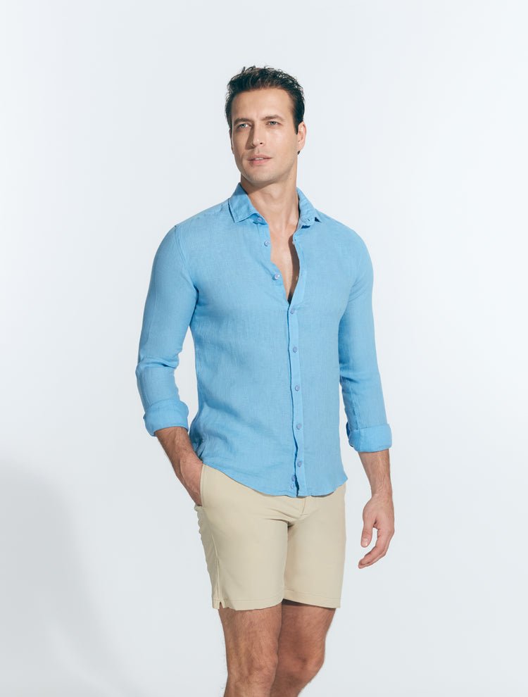 Front View: Model in Harry Baby Blue Shirt - MOEVA Luxury Swimwear, Spread Collar, Buttoned Cuffs, Button Fastening, Long-Sleeved, Slim Fit, MOEVA Luxury Swimwear