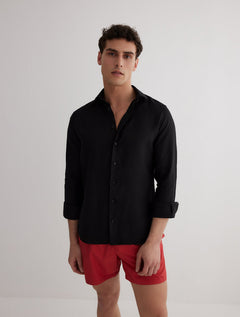 Harry Black Linen Shirt With Spread Collar -Men Shirts Moeva