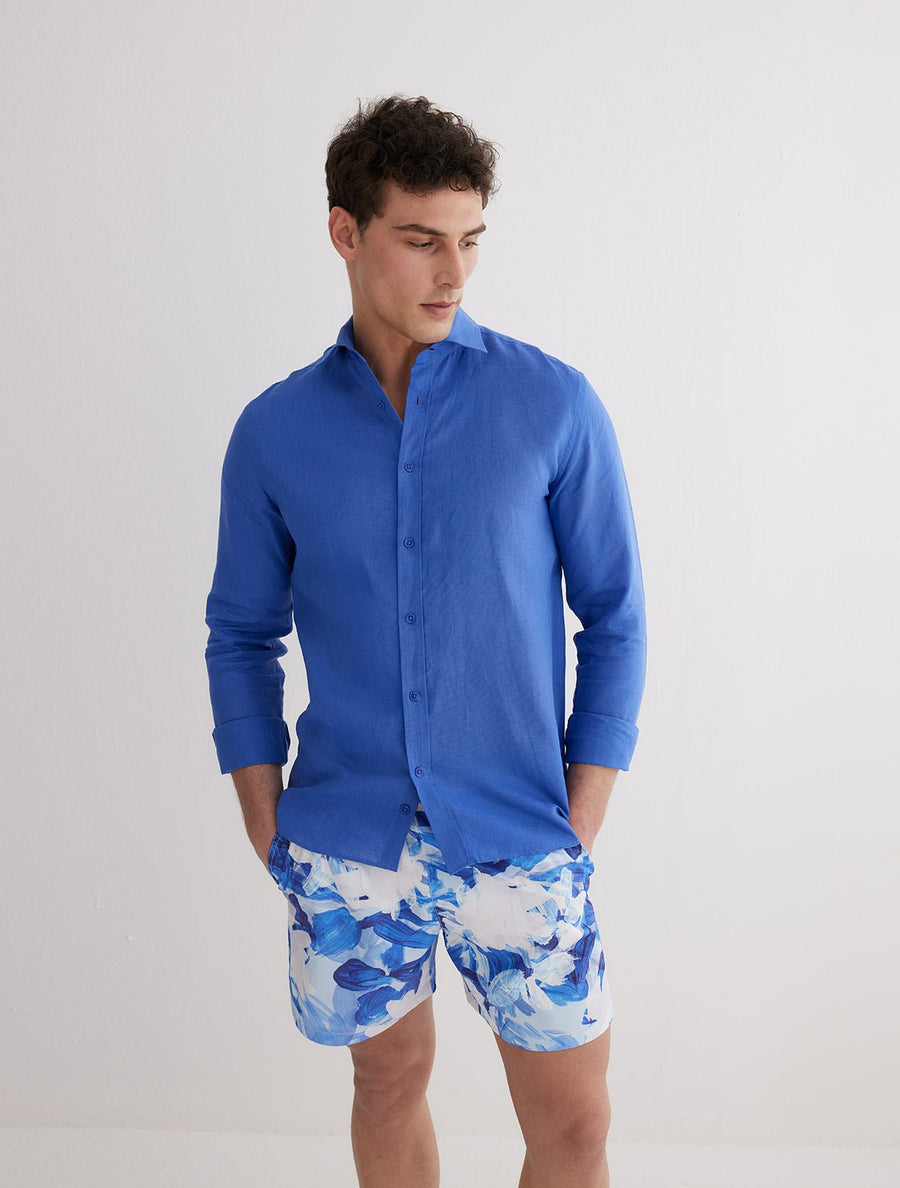 Front View of Model Wearing Harry Blue Shirt- MOEVA Luxury Swimwear, Spread Collar, Buttoned Cuffs, Button Fastening Blue Shirt, MOEVA Luxury Swimwear