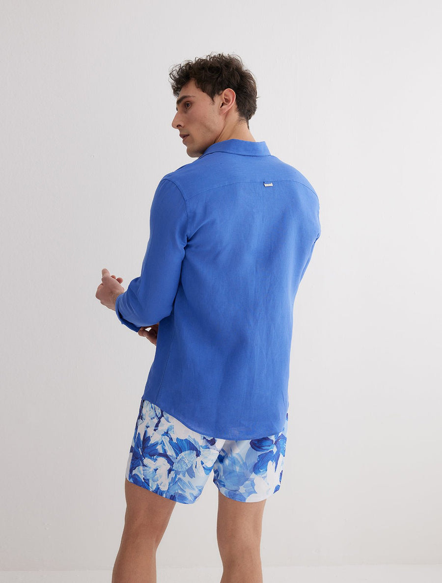 Back View: Harry Blue Shirt on Model - MOEVA Luxury Swimwear, Long-Sleeved, Regular Fit, %100 Linen, MOEVA Luxury Swimwear  
