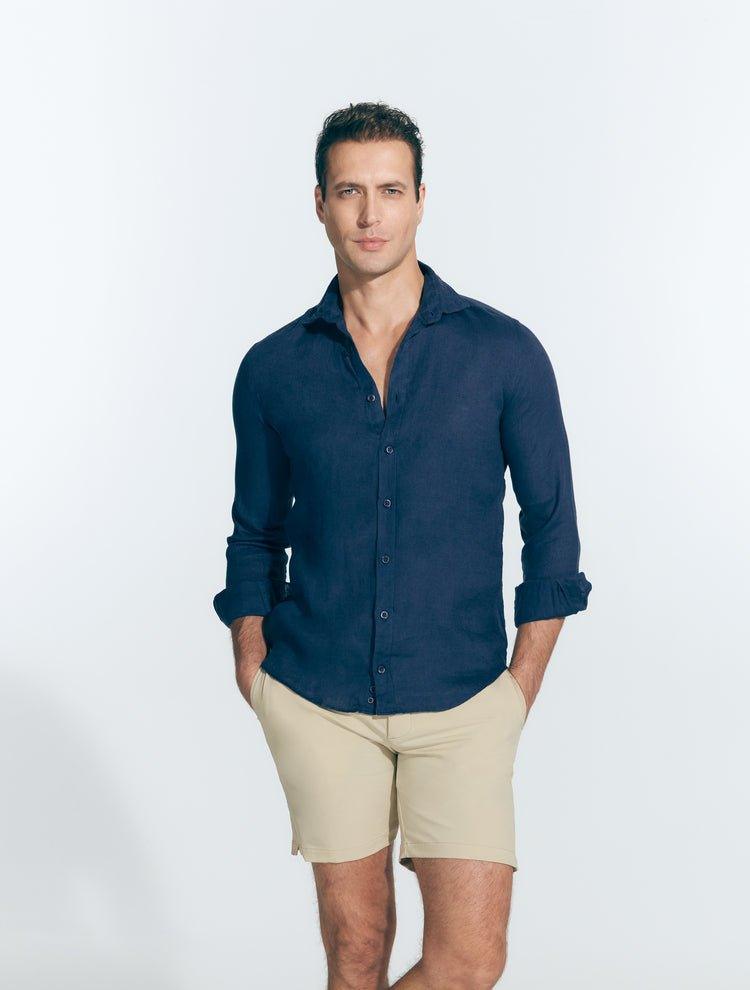 Front View of Model Wearing Harry Dark Blue Shirt- MOEVA Luxury Swimwear, Spread Collar, Buttoned Cuffs, Button Fastening, Long-Sleeved Slim Fit %100 Linen Shirt - MOEVA Luxury Swimwear