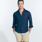 Front View of Model Wearing Harry Dark Blue Shirt- MOEVA Luxury Swimwear, Spread Collar, Buttoned Cuffs, Button Fastening, Long-Sleeved Slim Fit %100 Linen Shirt - MOEVA Luxury Swimwear