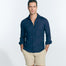 Front View of Model Wearing Harry Dark Blue Shirt- MOEVA Luxury Swimwear, Spread Collar, Buttoned Cuffs, Button Fastening, Long-Sleeved Slim Fit %100 Linen Shirt - MOEVA Luxury Swimwear