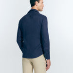 Back View: Harry Dark Blue Shirt on Model - MOEVA Luxury Swimwear, Button Fastening, Long-Sleeved, Slim Fit %100 Linen Shirt, MOEVA Luxury Swimwear  