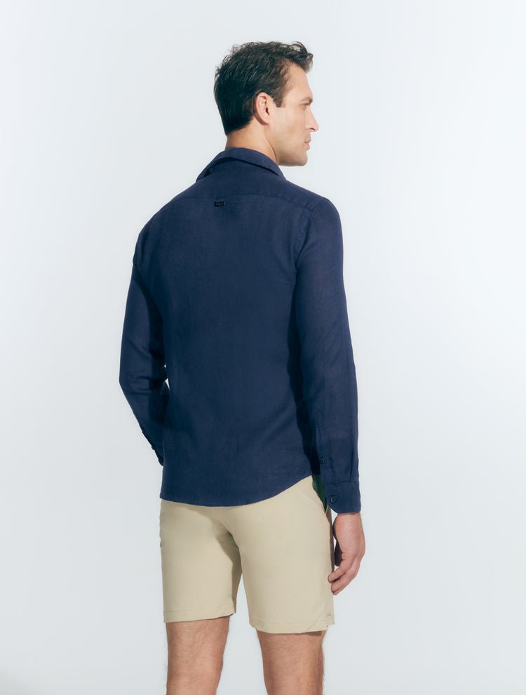 Back View: Harry Dark Blue Shirt on Model - MOEVA Luxury Swimwear, Button Fastening, Long-Sleeved, Slim Fit %100 Linen Shirt, MOEVA Luxury Swimwear  
