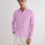 Front View of Model Wearing Harry Lilac Shirt- Cotton & Silk Blend, Long-Sleeved, Cotton and Silk Shirt, MOEVA Luxury Swimwear