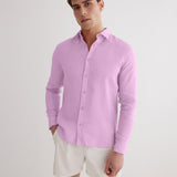 Front View of Model Wearing Harry Lilac Shirt- Cotton & Silk Blend, Long-Sleeved, Cotton and Silk Shirt, MOEVA Luxury Swimwear