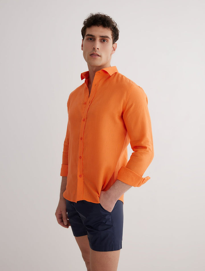 Front View of Model Wearing Harry Orange Shirt - MOEVA Luxury Swimwear, Spread Collar, Buttoned Cuffs, Button Fastening Shirt, MOEVA Luxury Swimwear