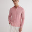 Front View: Model in Harry Pink Shirt - MOEVA Luxury Swimwear, Spread Collar, Buttoned Cuffs, Button Fastening, Long-Sleeved, Slim Fit, MOEVA Luxury Swimwear