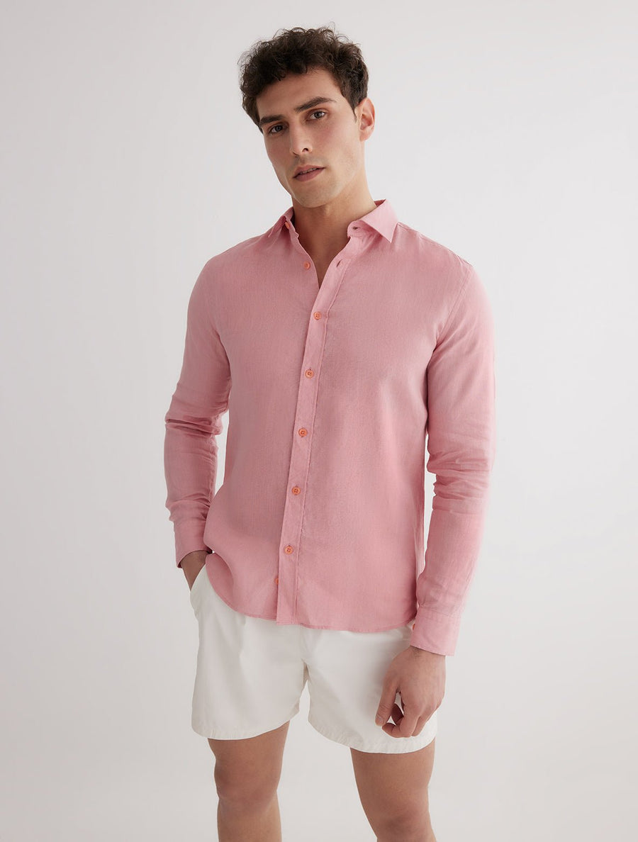 Front View: Model in Harry Pink Shirt - MOEVA Luxury Swimwear, Spread Collar, Buttoned Cuffs, Button Fastening, Long-Sleeved, Slim Fit, MOEVA Luxury Swimwear