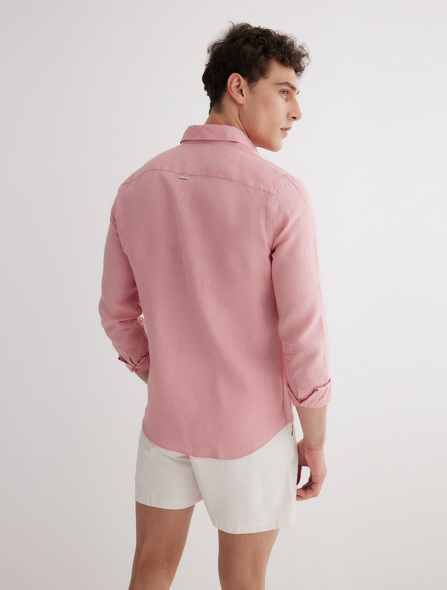 Back View: Model in Harry Pink Shirt - MOEVA Luxury Swimwear, Ready to Wear, Long Sleeved Shirts, Unlined, Regular Fit, Linen, MOEVA Luxury Swimwear