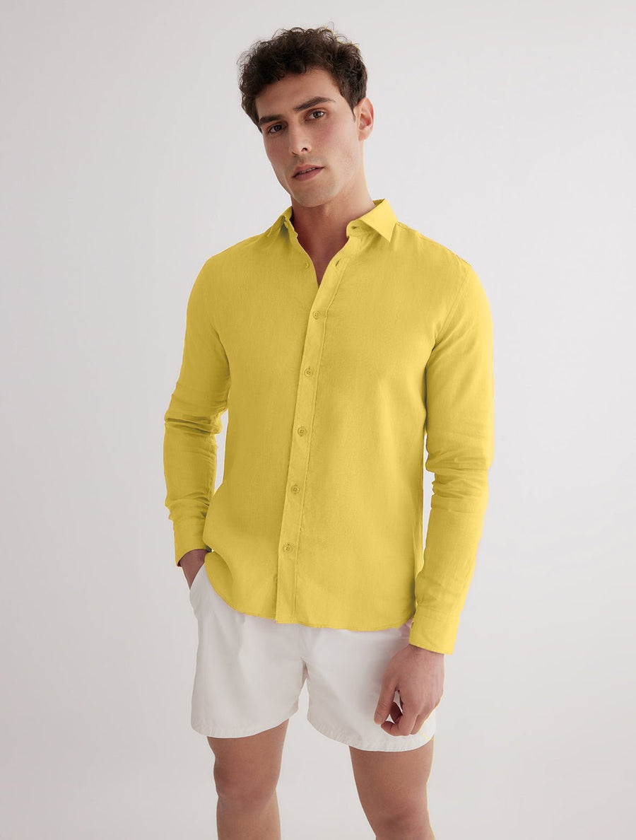 Front View of Model Wearing Harry Yellow Shirt - MOEVA Luxury Swimwear, Spread Collar Buttoned Cuffs Button Fastening Long-Sleeved Regular Fit %100 Linen Shirt - MOEVA Luxury Swimwear