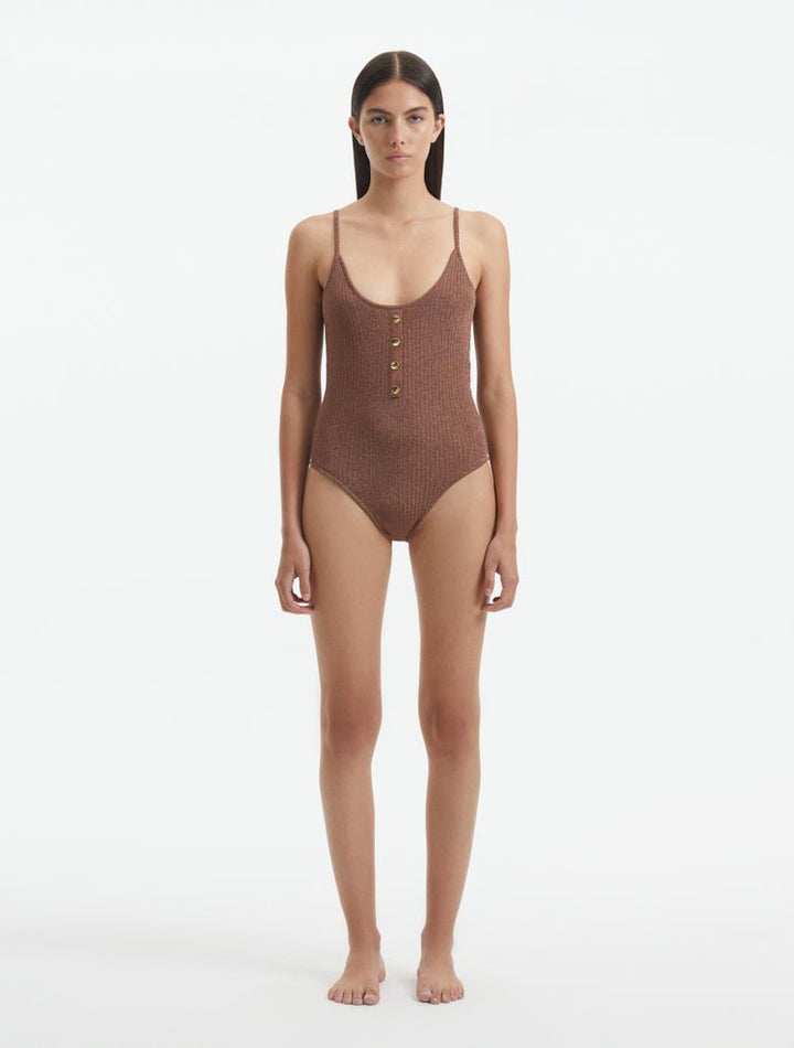 Front View: Model in Hartley Brown Swimsuit - MOEVA Luxury Swimwear, Scoop Neck, Ribbed, Button Detailed, Adjustable Straps, Knitted Scoop Neck Swimsuit, MOEVA Luxury Swimwear 